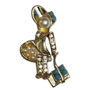 Vtg 1950s Pearl Head Faux Turquoise Schoolgirl Girl Bonnet Books Lil Pin Brooch
